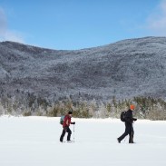 Snowshoers cross a frozen Lonesome Lake.