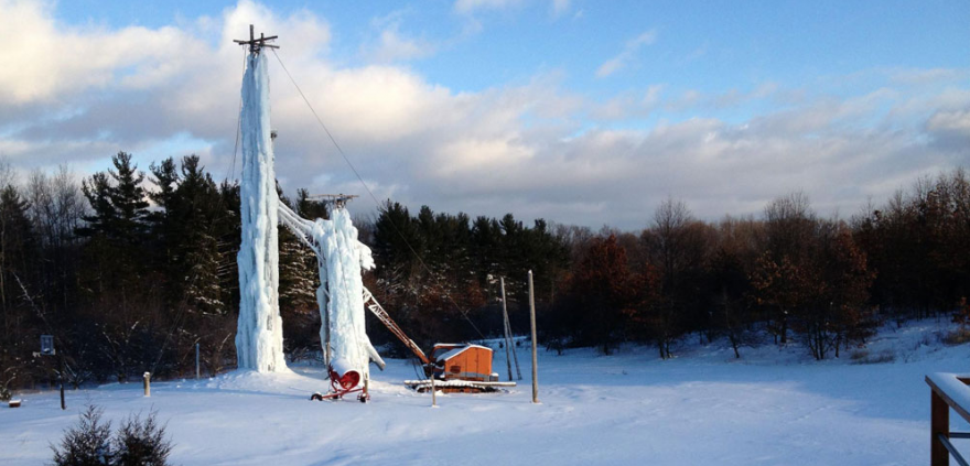 Peabody Ice Climbing Club's towers sit in the middle of an apple orchard.