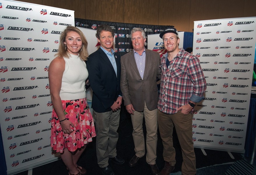 The U.S. Ski Team announces its new relationship with NASTAR at the National Ski Areas Association Convention and Trade Show in San Francisco. Mikaela Shiffrin, Tiger Shaw, Andy Clurman and Ted Ligety. Image courtesy of US Ski Team.