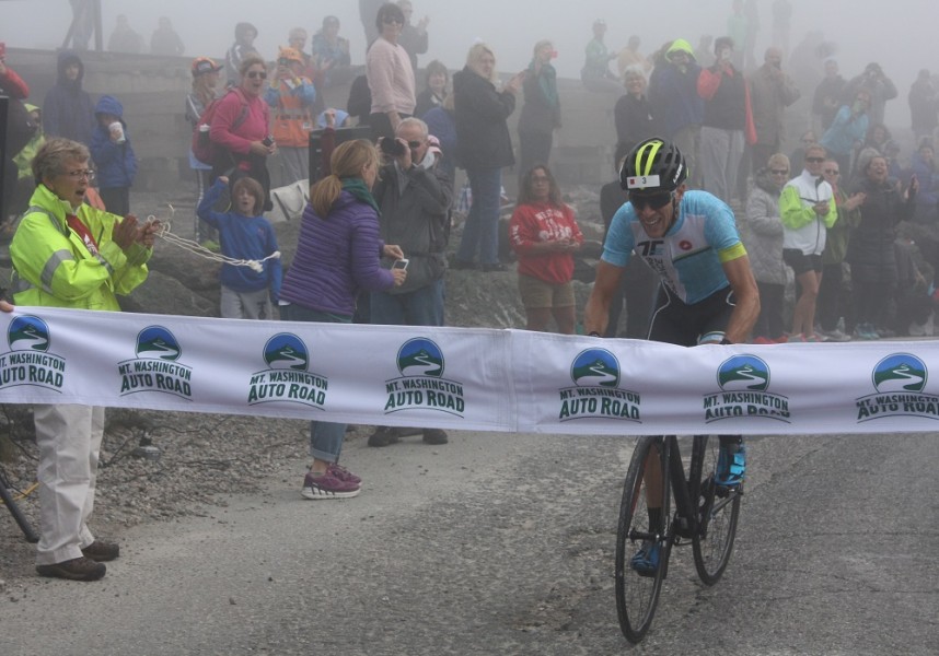 Eneas Freyre crosses the finish line in the 43rd Mt. Washington Auto Road Bicycle Hillclimb. Image by Marty Basch.